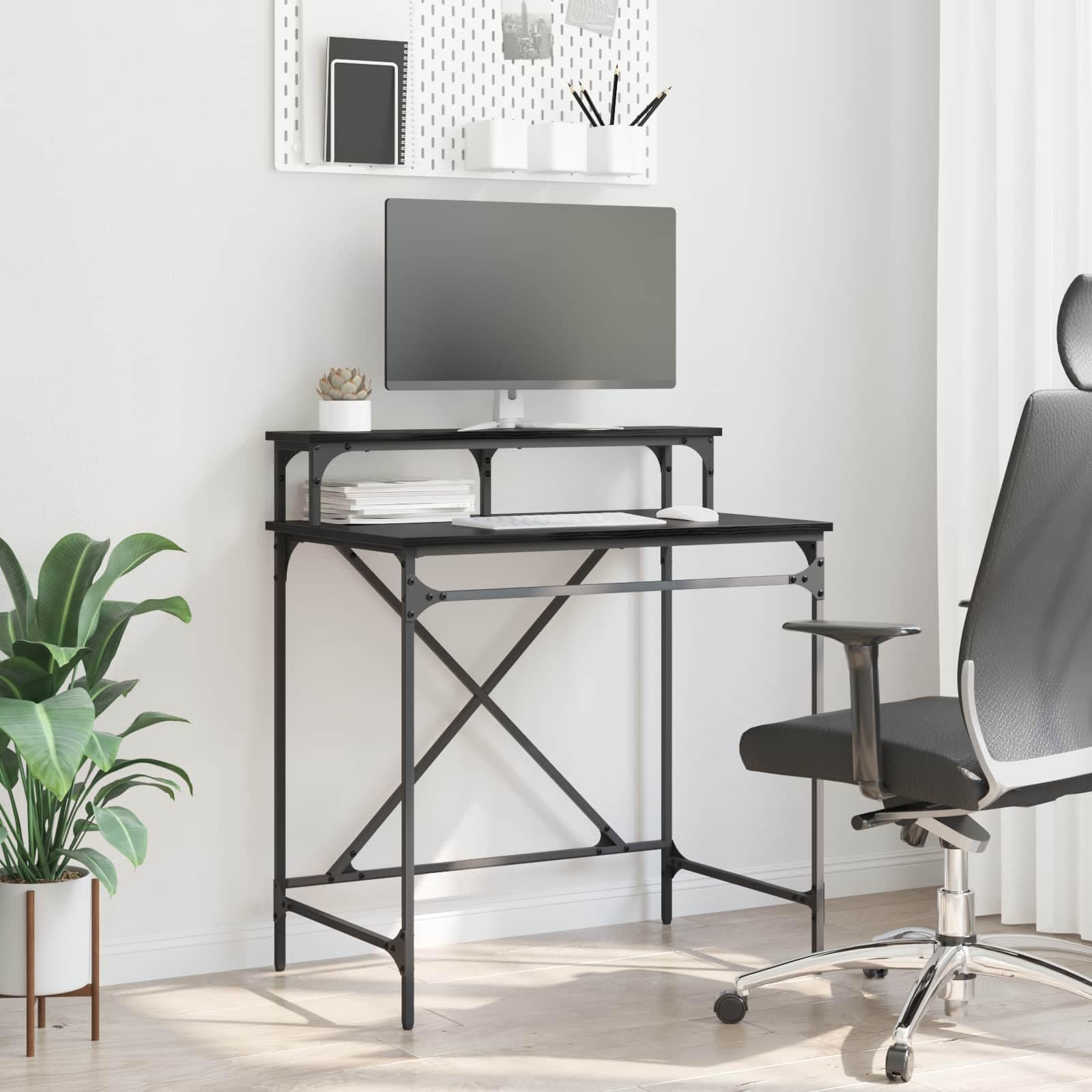 Escritorio de madera de roble negro, 80 x 50 x 90 cm, diseño industrial, con estante, resistente a las manchas, para oficina en casa, mesa de trabajo