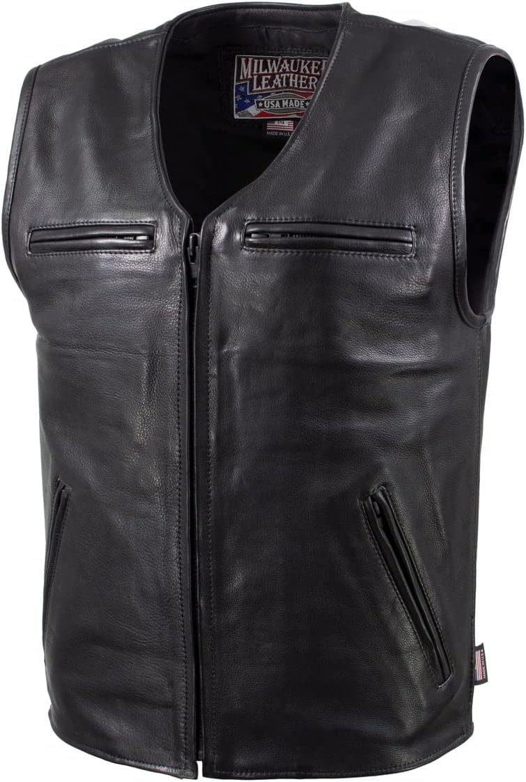 Milwaukee Leather USA MADE MLVSM5009 Men's Black Slinger V-Neck Motorcycle Premium Leather Zippered Vest - Image 7