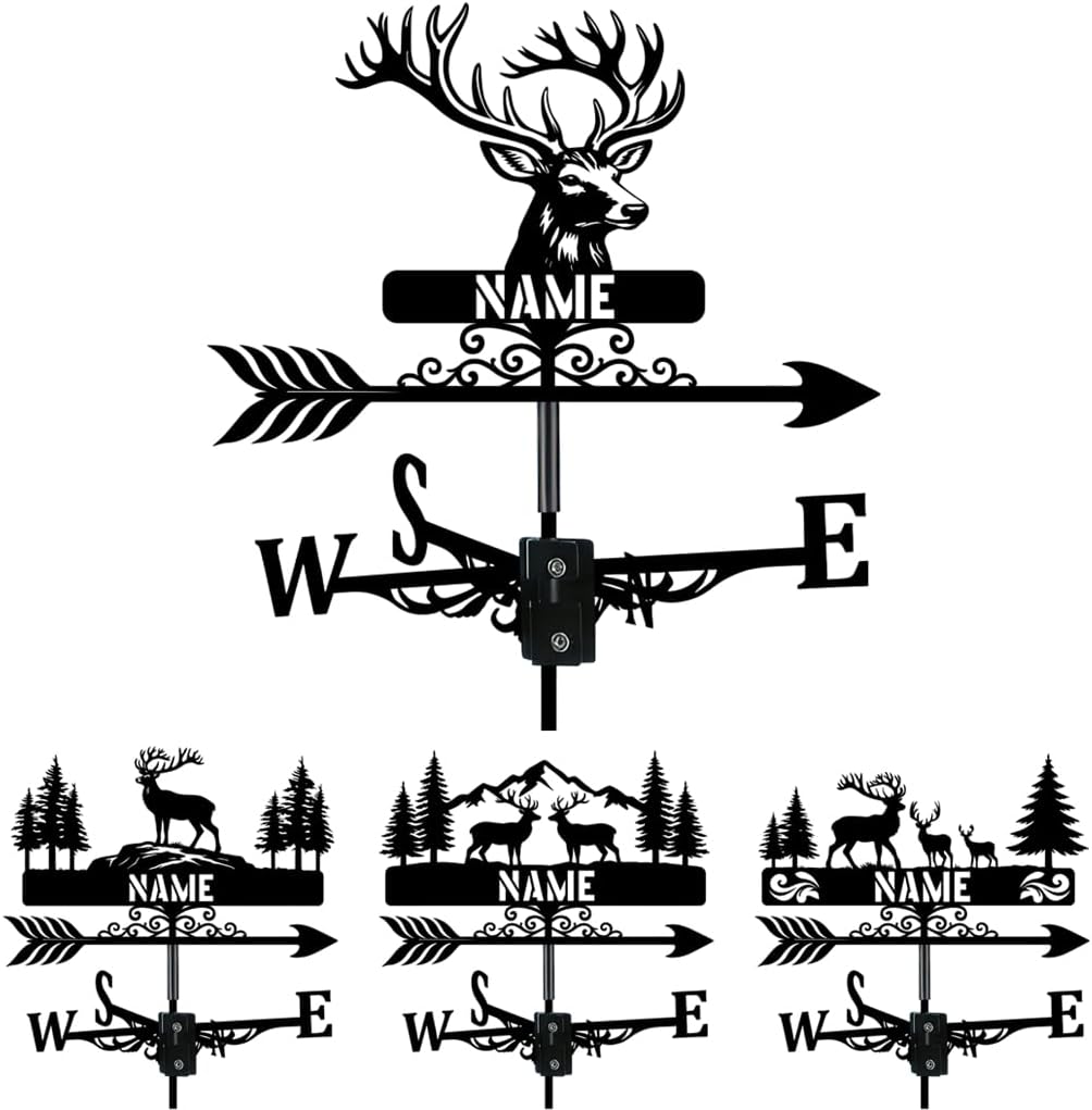 Deer and Forest Weathervane Metal Wind Vane Personalized Name Decoration Direction Sign Indicator Stake Mount Ornament Custom Vintage Black Metal Weathervanes for Patio Lawn Yard Roof Outdoor