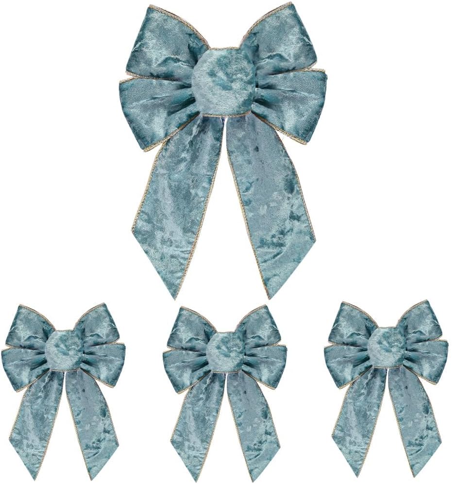 4 Pieces Christmas Haze Blue Wreath Bow 7.0 x 10.2 Inches Xmas Blue Velvet Bow Winter Holiday Craft Bow Tree Topper Ornament Bow for Home Front Door Decorations