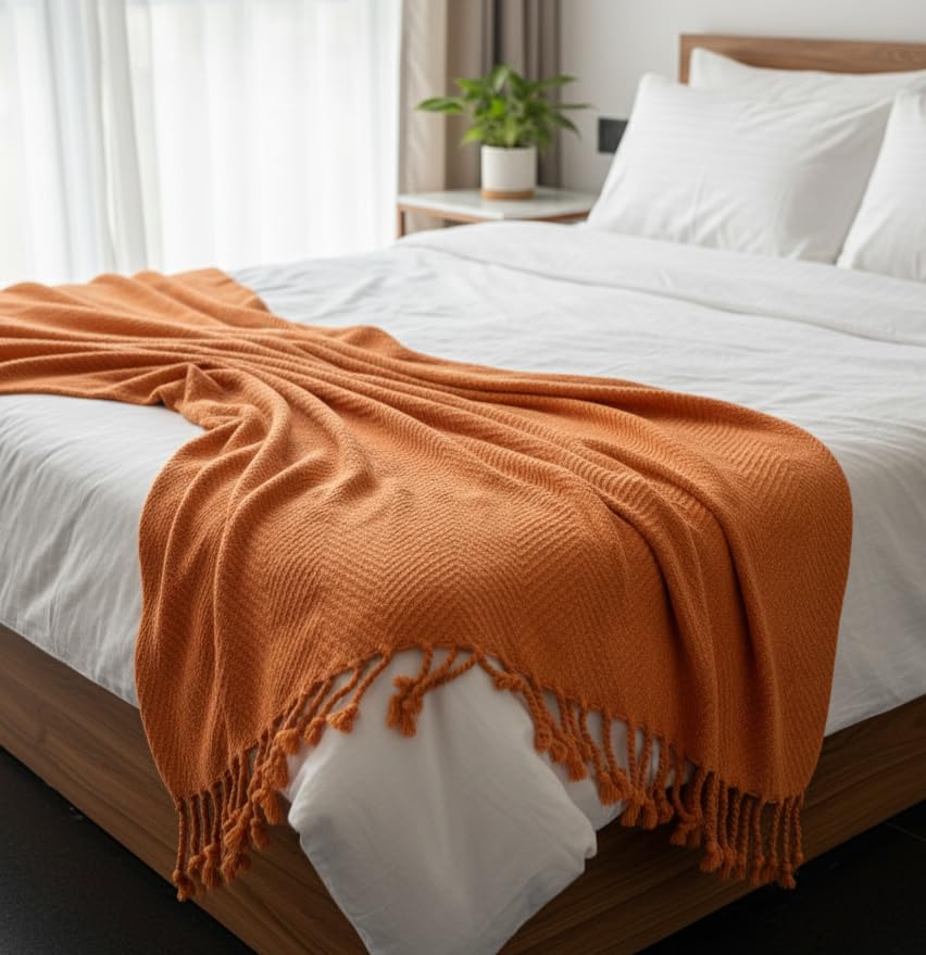 Image of HAKAM Orange Cotton Herringbone Throw Blanket for Bed, Sofa, Couch | Lightweight Decorative Blanket for Living Room & Home Decor | 50 X 60 Inch