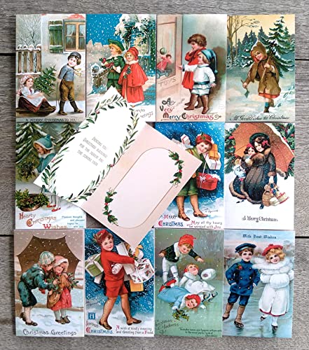 Image of PIXILUV CHRISTMAS FUN (Pack of 12) Notecards Small Greeting Cards # Children Delivering Presents and Christmas Cheer ~ Vintage Christmas Postcards Reprint