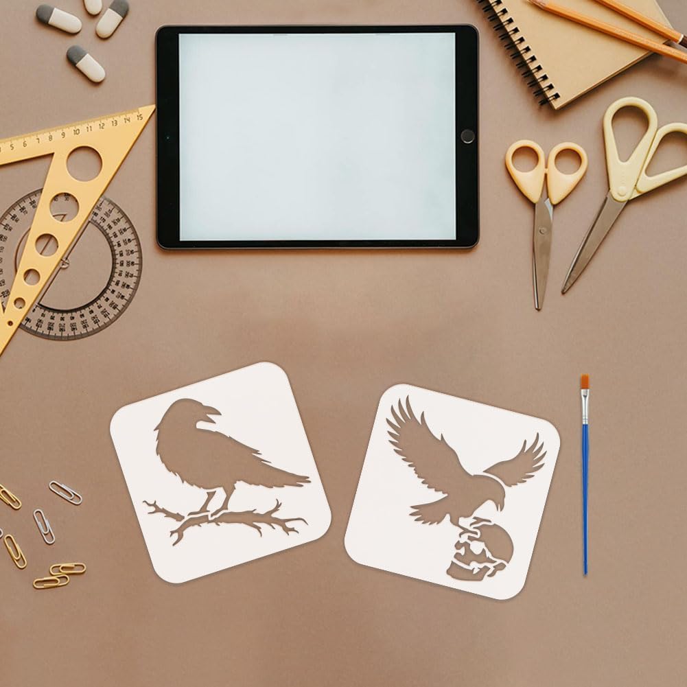 FINGERINSPIRE 9PCS Crow Painting Stencil with Paint Brush 5.9x5.9inch Plastic Raven Key Silhouette Drawing Template PET Moon Skull Branches Stencil Animal Theme Template for DIY Crafts Decoration