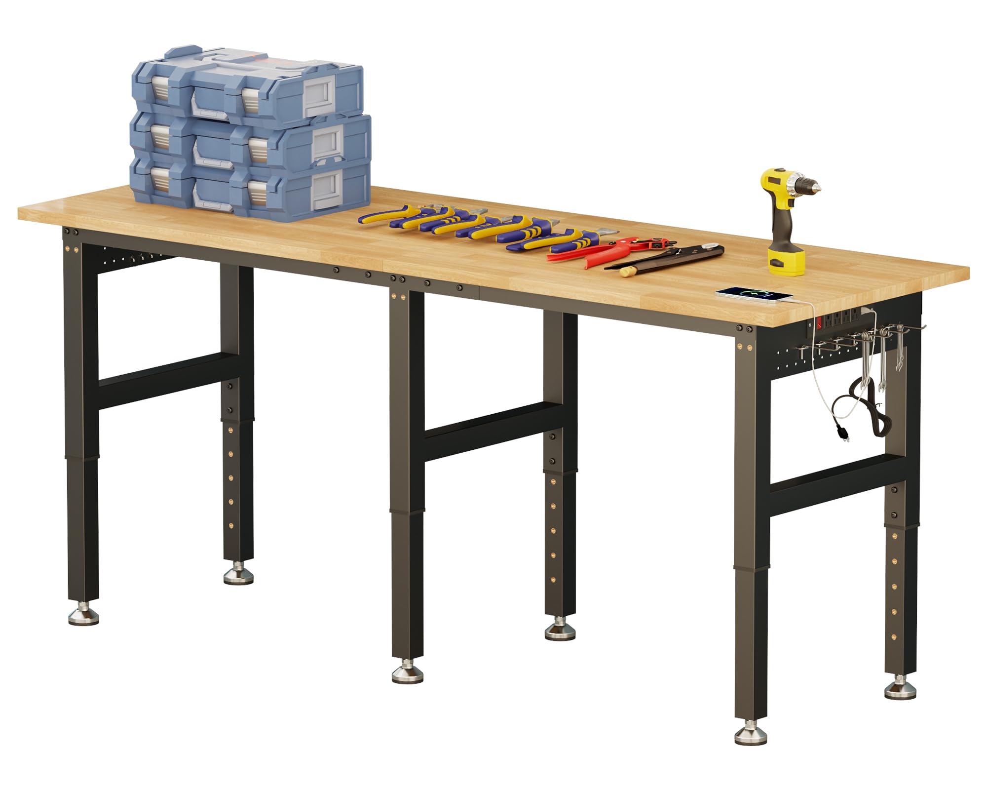 SPECRAFT 72“ Adjustable Heavy Duty Workbench with 4 AC Outlet and 2 USB Ports Power Outlets, 5000 Lbs Capacity, Rubber Wood Top for Garage, Workshop, Office