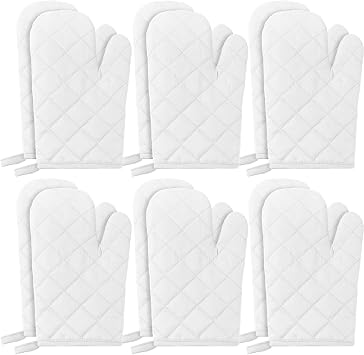 6 Pairs Heat Resistant Oven Mitts Kitchen Oven Gloves 11 Inch Long Quilted Cotton Polyester Kitchen Gloves for Cooking, Baking, Grilling BBQ White