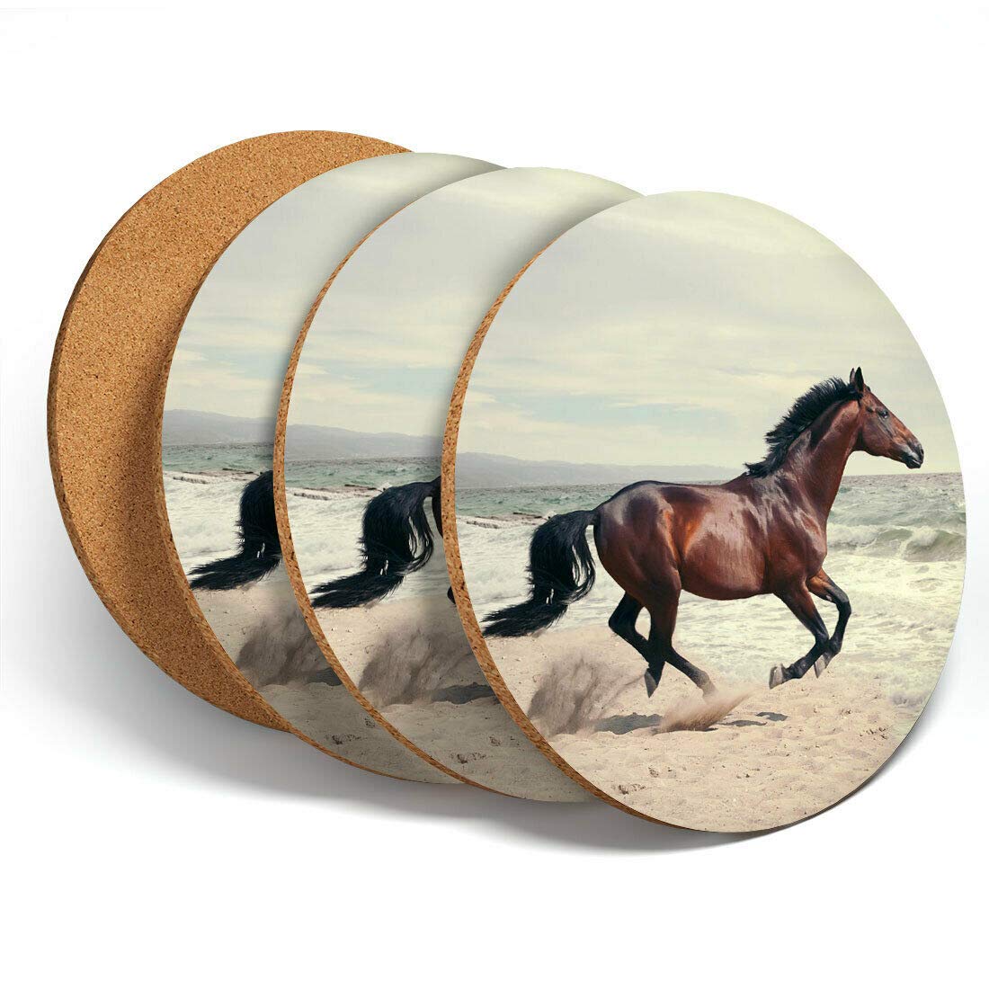 Destination Vinyl 4 Set - Brown Racing Horse Pony on Beach Coasters - Kitchen Drinks #3357