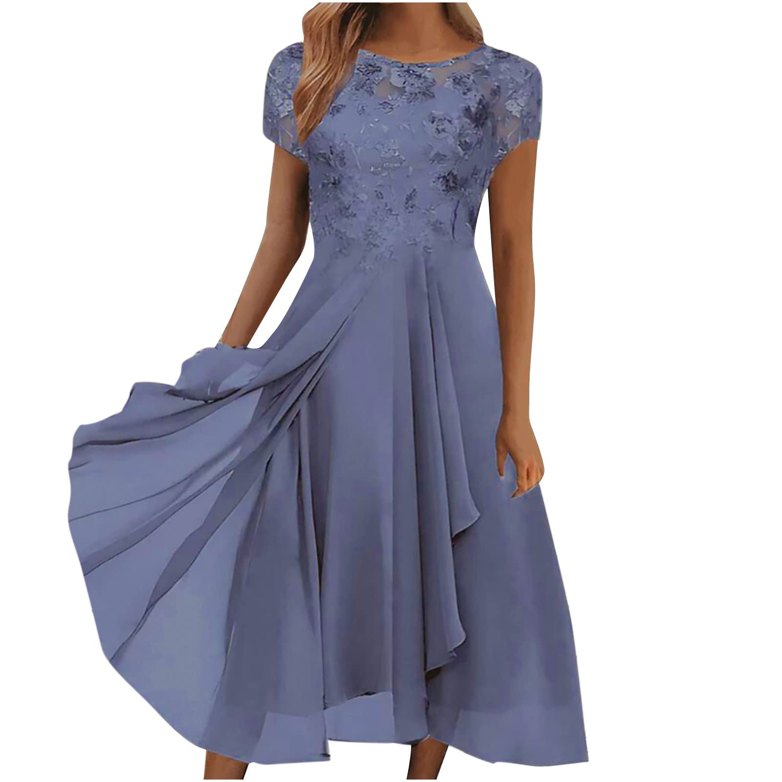NUSGEAR 2023 Vestidos Largo Mujer, Moda Color sólido Fiesta Vestido de Noche Cóctel Manga Corta Cuello Redondo Elegante Encaje Malla Verano Suelto Casual Vestido un Hombro Vestir Playa Vacaciones