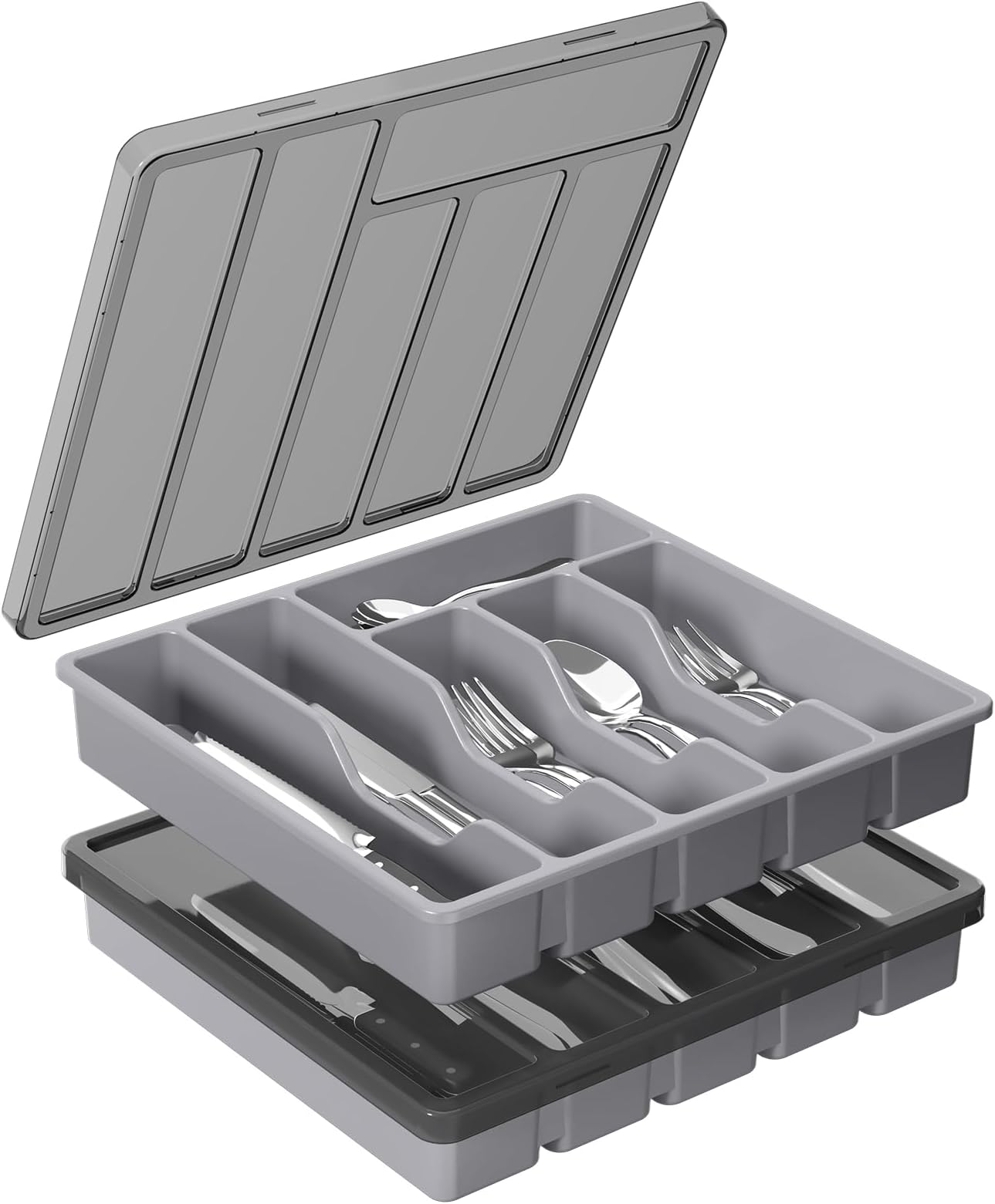 Lifewit Cutlery Tray with Lid, Cutlery Storage Box for Kitchen Drawer and Countertop, Plastic Cutlery Drawer Organiser for Spoons Forks Knives Holder Storage Insert, 6 Compartments, 2 Pack,Grey