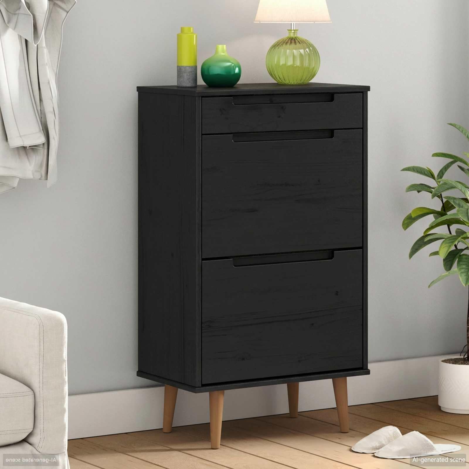 Scarpiera MOLDE in legno di pino massiccio nero, 59,5 x 35 x 103 cm, con maniglie a scomparsa, 3 cassetti, salvaspazio per corridoio e ingresso, elegante sistema di conservazione e