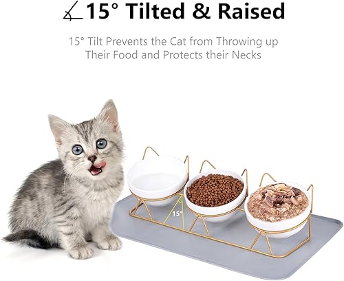 Miniatura 2 de Trosetry Juego de 3 cuencos de cerámica elevados para gatos con alfombrilla de comida para mascotas, cuenco elevado de 15 inclinado para bebidas