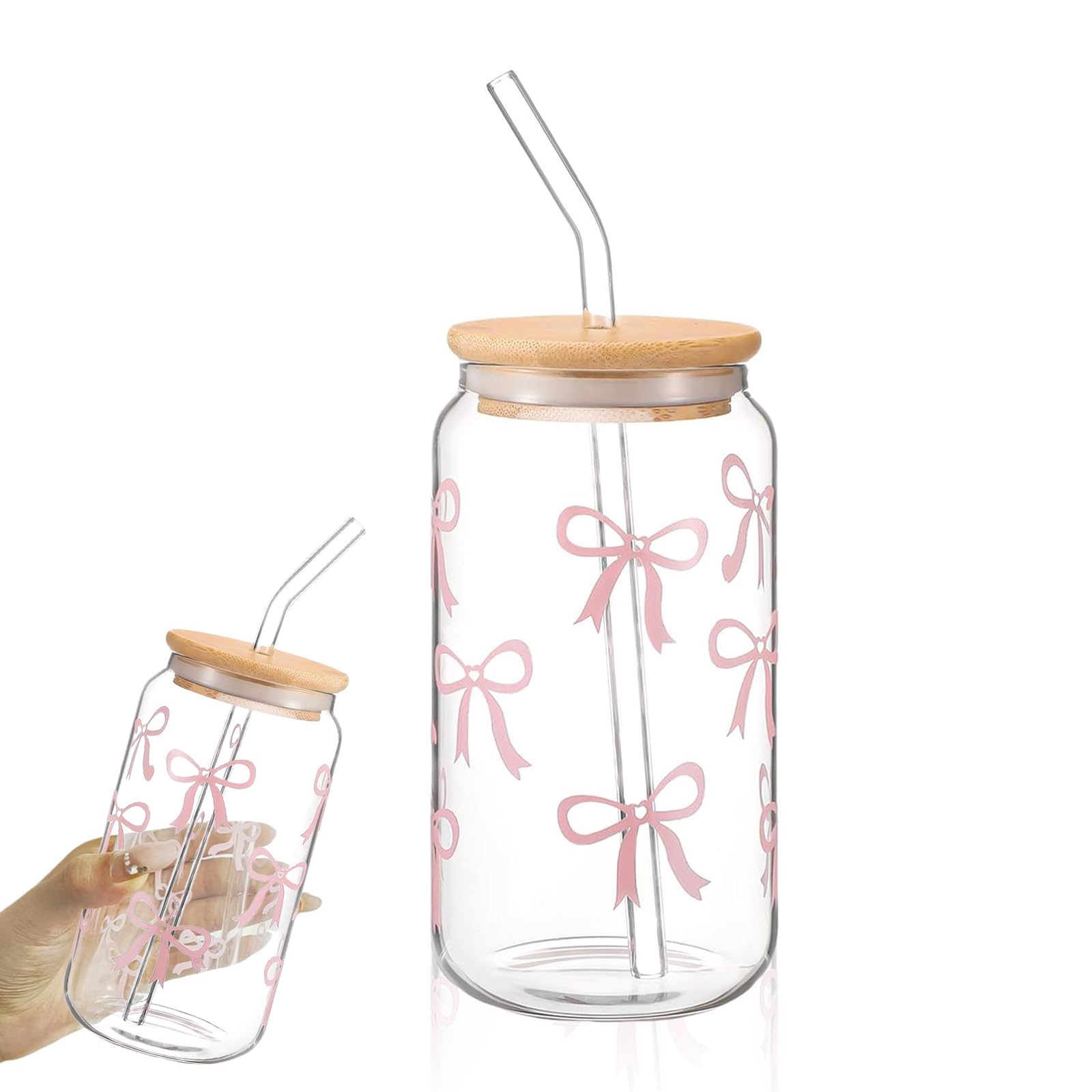 ESYFOR Glas Mit Schleifen-Design & Bambusdeckel - 16 Oz Trinkbecher Für Matcha, Smoothie & Eiskaffee