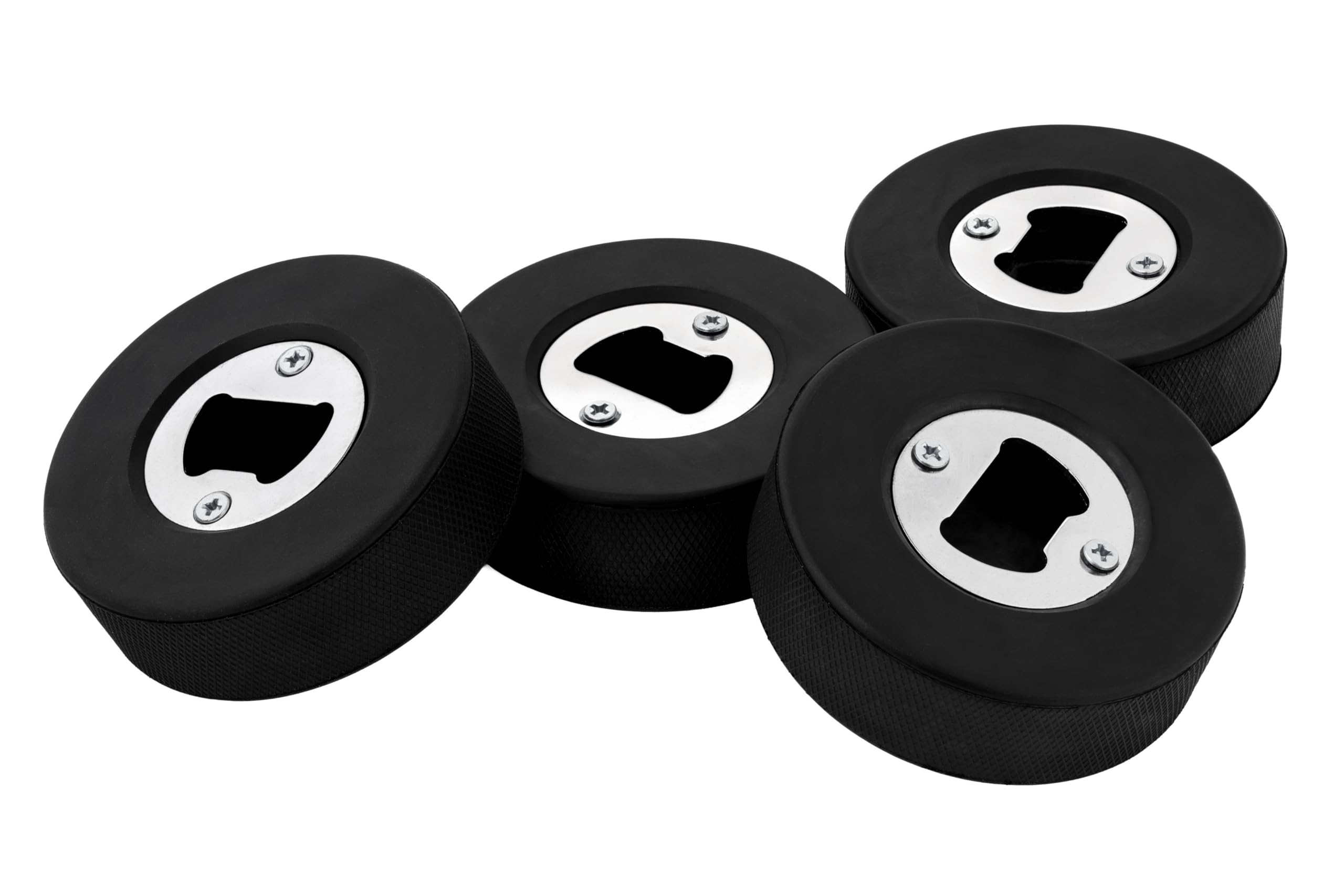 Buzz & Pop Hockey Puck Bottle Opener for Beer, Pop, and Soda Glass Bottles, Cool Sports Fan Novelty Gift for Coach, Player, or Dad, Heavy Duty Rubber and Stainless Steel, 4 Pc. Set, Official, Black