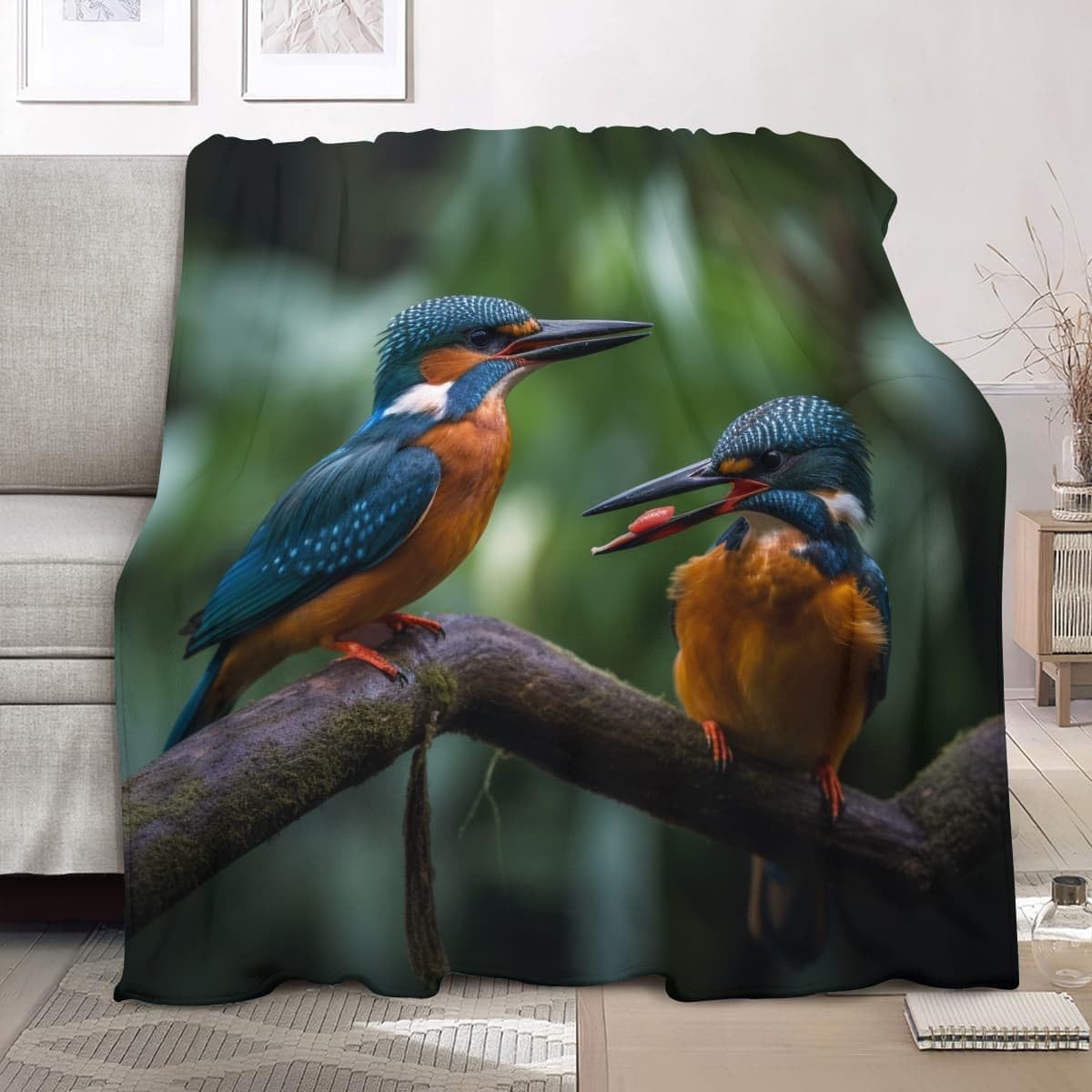 Koc polarowy XXL, 180 x 200 cm, zwierzęta z dżungli, zimorodki, sherpa, flanelowy, koc termiczny, miękki, zielony, na sofę, do odpoczynku, samochodu, biura, domu