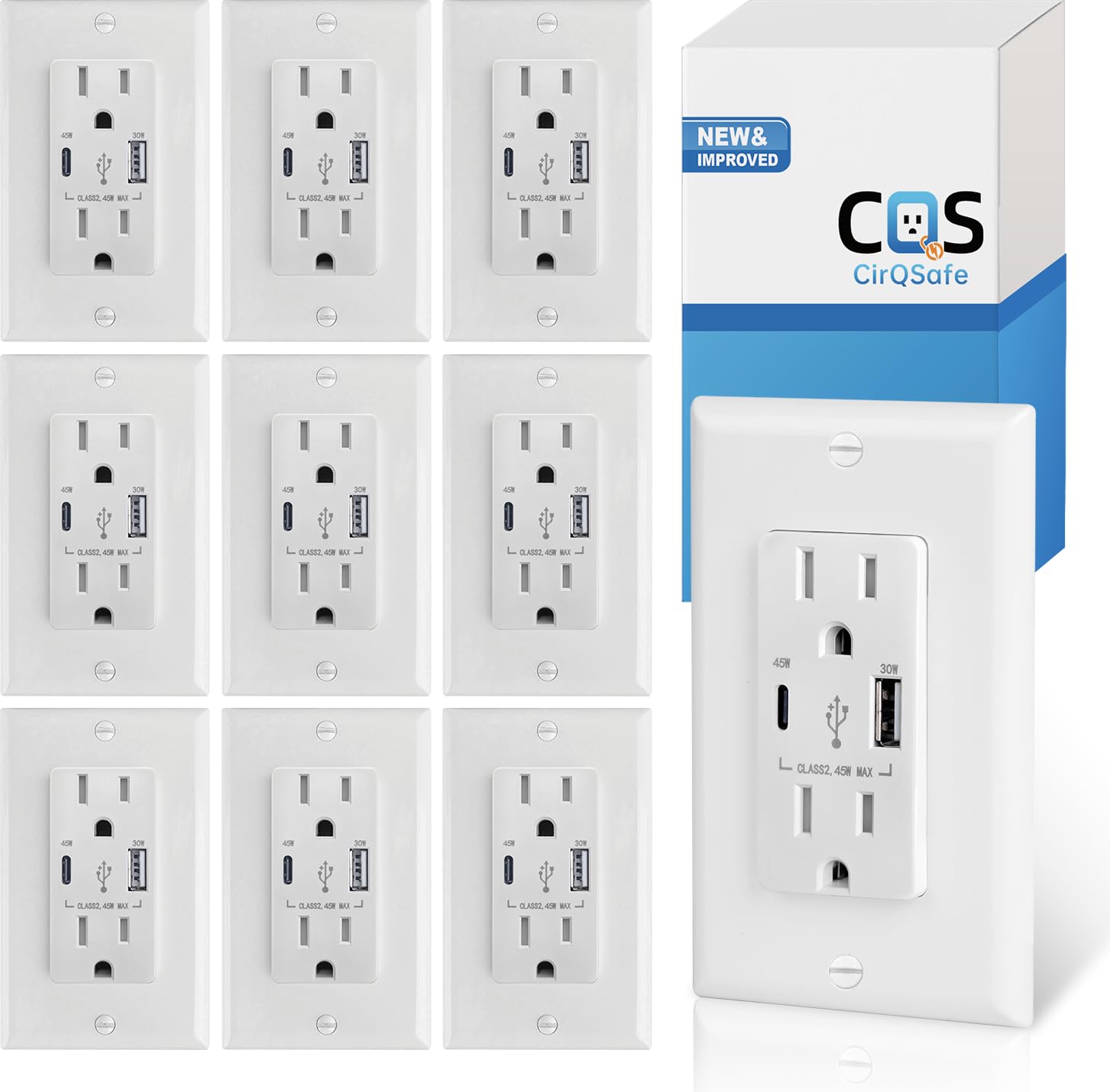 30W+45W Fast-Charging USB Wall Outlet with Type-A & Type-C Ports, 15A/125V AC, 45W USB-C & 30W USB-A, Tamper-Resistant, White, 6-in-1 Protection Features GPRU02ASQ45-AC-TR (10)