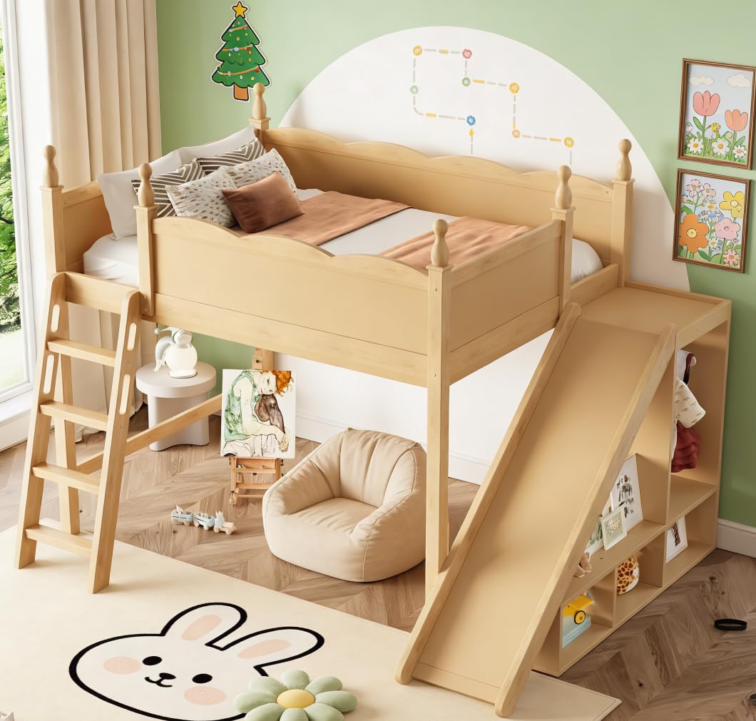 Bellemave Full Loft Bed with Slide and Storage Shelves and Ladder for Kids, Wood bunk Beds for Boys Girls, Natural