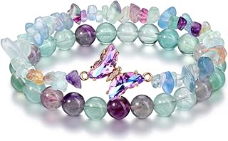 Crystal Bracelets for Women 2pcs Natural Healing Gemstone Beaded Bracelet Butterfly Charms Stone Layered Bracelet Gifts Women