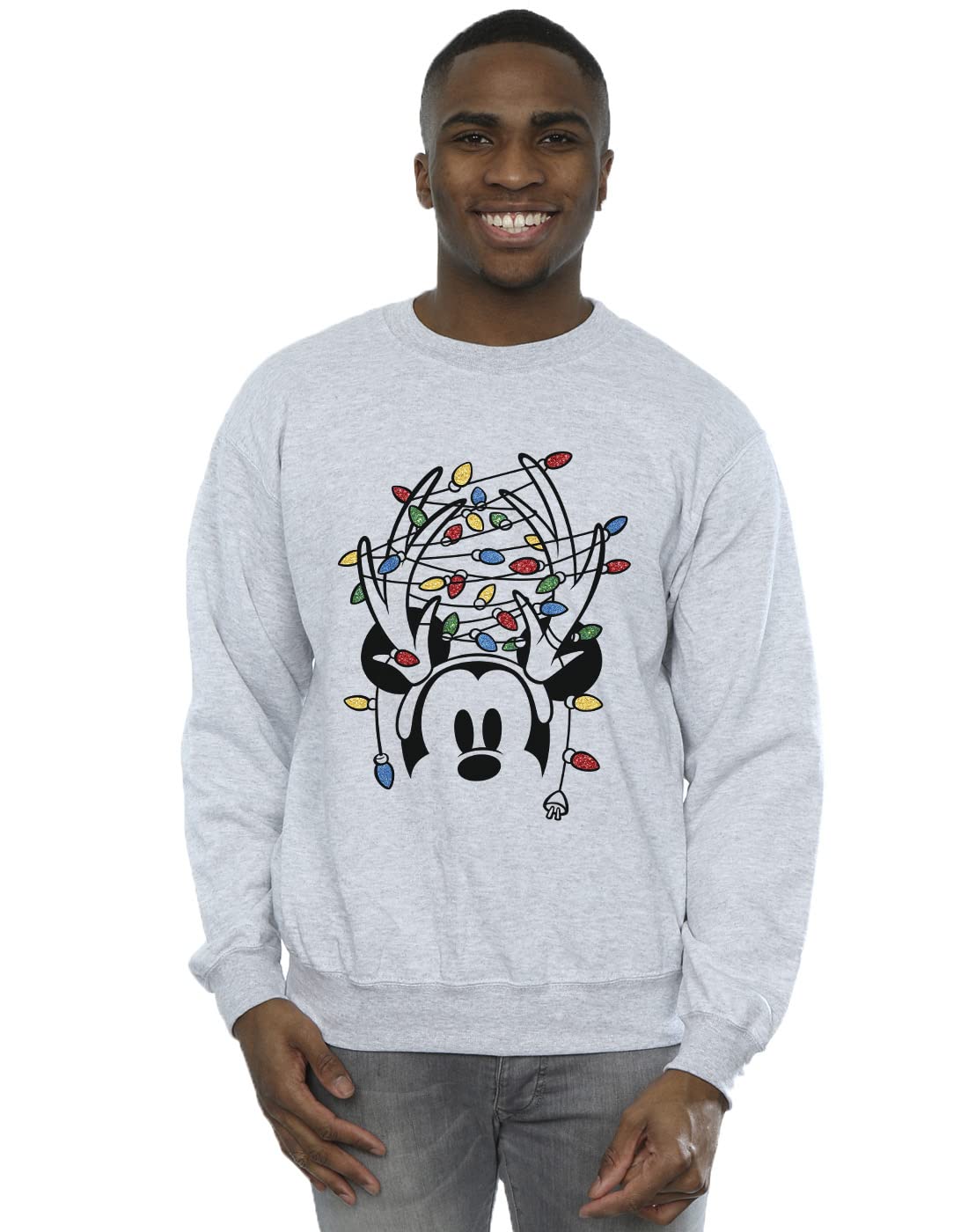 Disney Men's Mickey Mouse Christmas Head Lights Sweatshirt Sport Grey Large