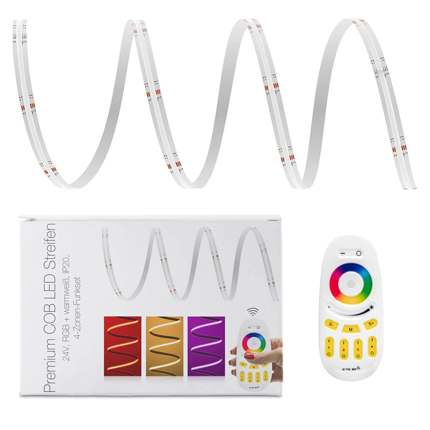 LED Universum Tira LED COB de 4 zonas, RGB-W, con mando a distancia, controlador y fuente de alimentación, filamento prémium, 24 V, IP20 RGB-WW, multicolor (7 metros)