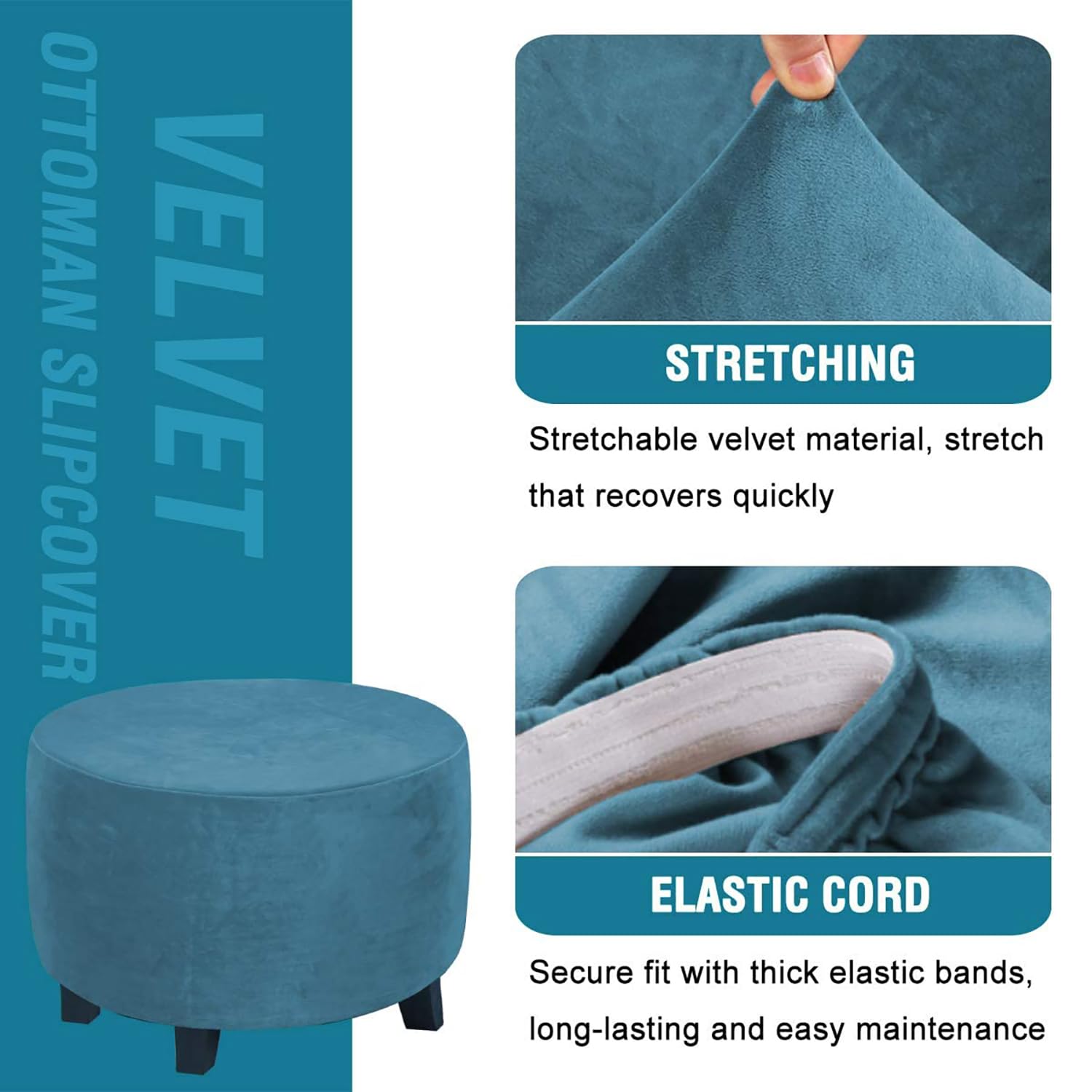 Fodera Elasticizzata Per Pouf Rotondo 45-65 Cm – Copertura Con Fondo Antiscivolo, Lavabile, Color Marina