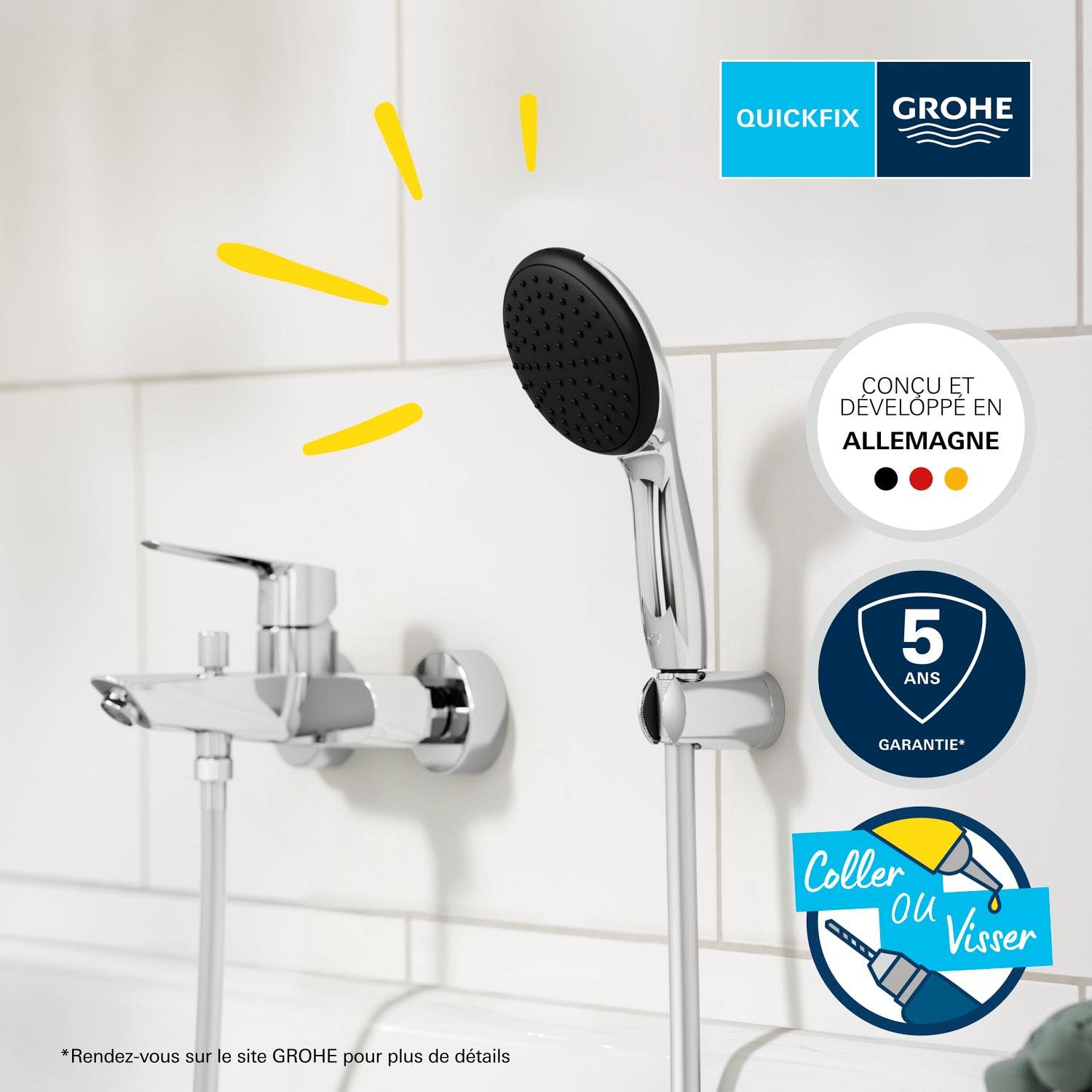GROHE Start Mitigeur Monocommande Bain/Douche, Douchette 1 jet, Support de Douche Mural Universel, Flexible 1,5m, Economie d'Eau, A coller avec GROHE QuickGlue ou à visser, Chromé, 25283002