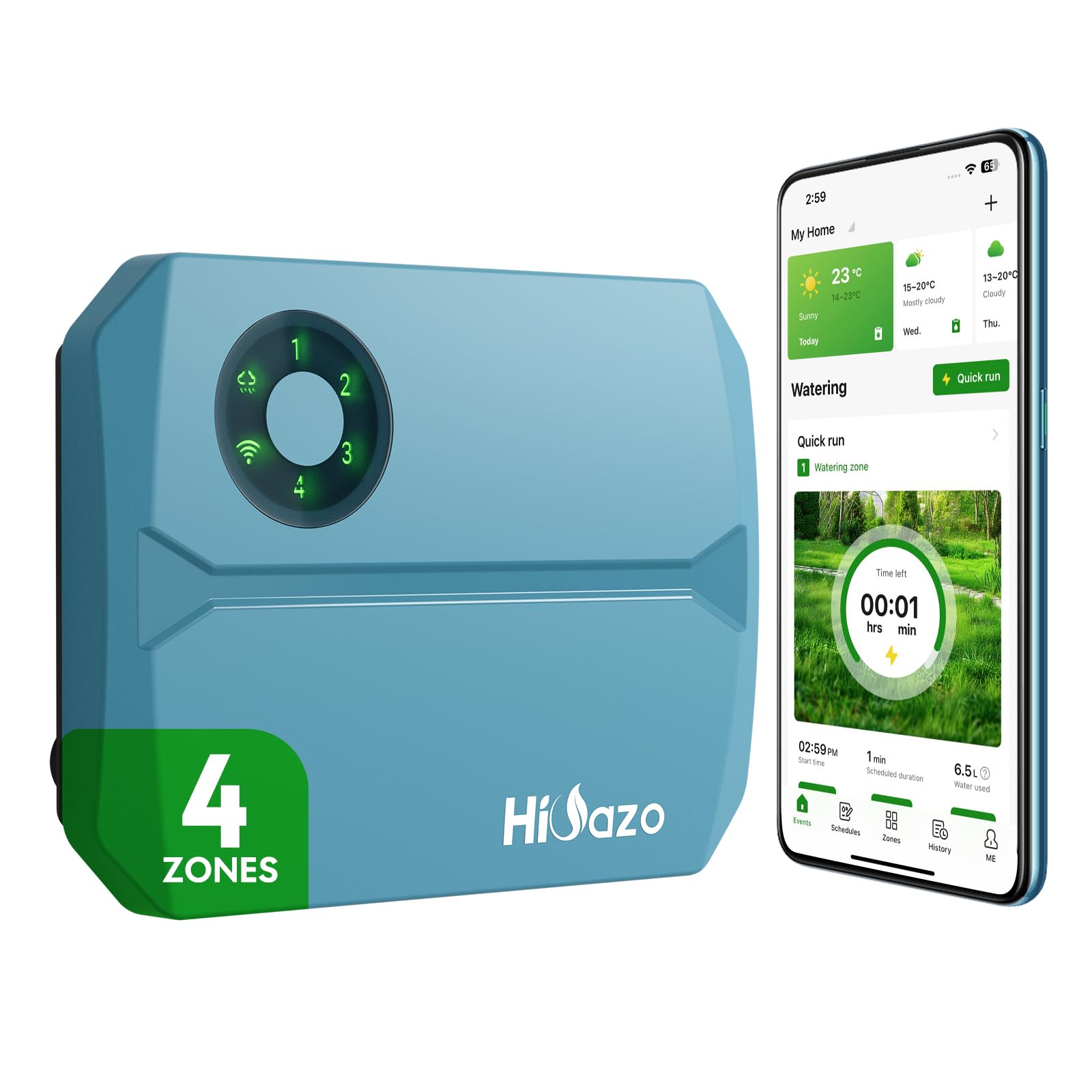 HiOazo Centralina Irrigazione WiFi 4 Zone, Salto Meteo Intelligente, Controllo Automatico da App, 16 programmi, Regolazione Stagionale, centralina per irrigazione per Giardino, Orto e Prato