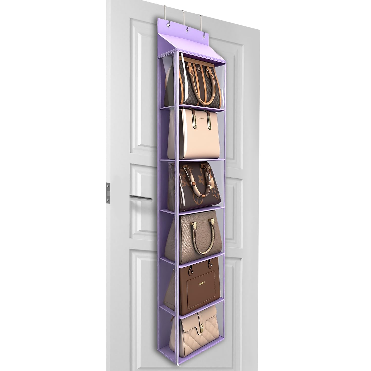 Lirex Over The Door Purse Organizer, 6-Pocket Handbag Hanging Organizer with Zipper, Clothing Closet Purse Hanger for Scarves, Hats, Leggings, S (30 x 12.8 x 131 cm), Purple