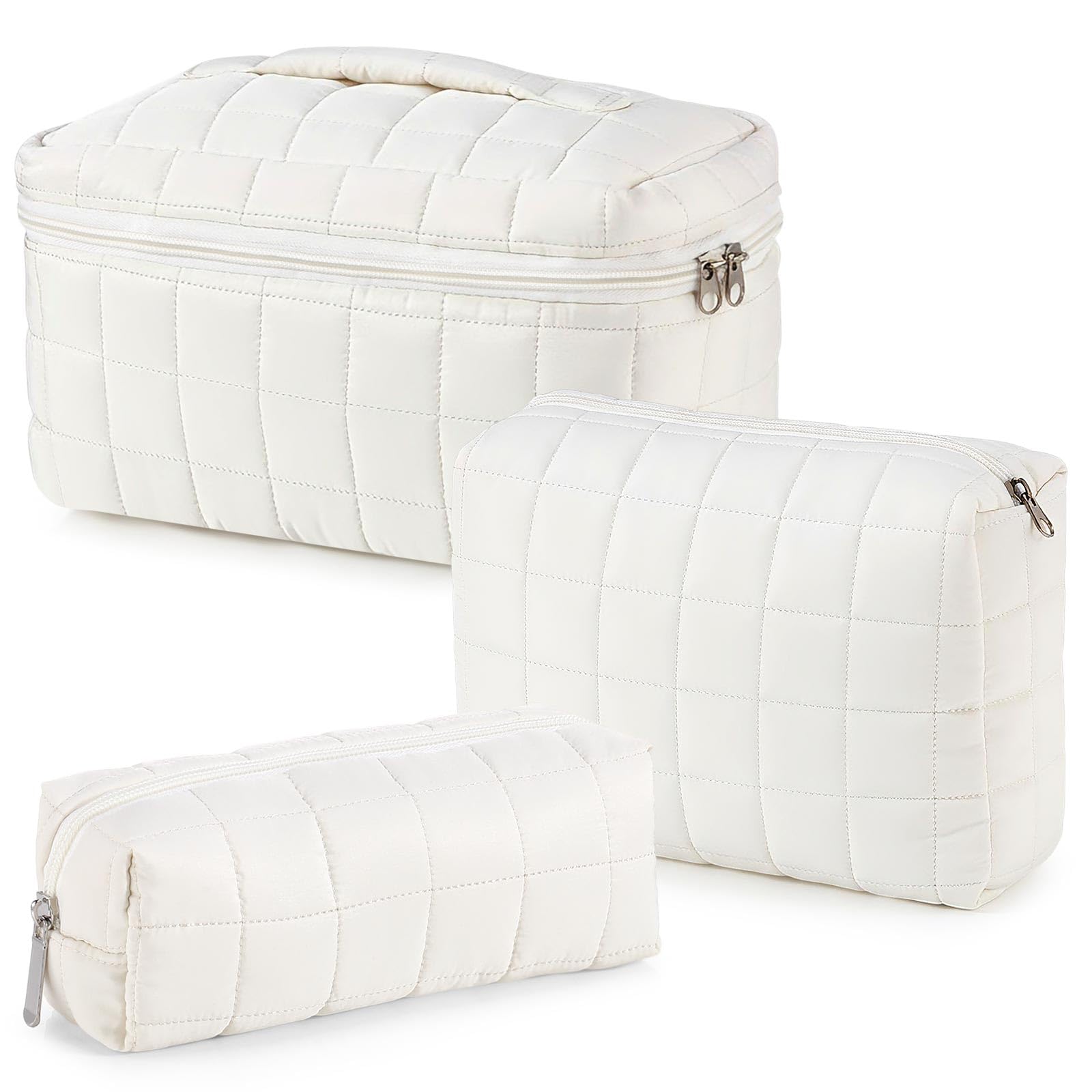 Huhumy 3 Pcs Large Puffy Makeup Bag Set Quilted Cosmetic Pouch for Women Cute Checkered Travel Toiletry Bag Puffer Makeup Organizer Purse Pouch Preppy