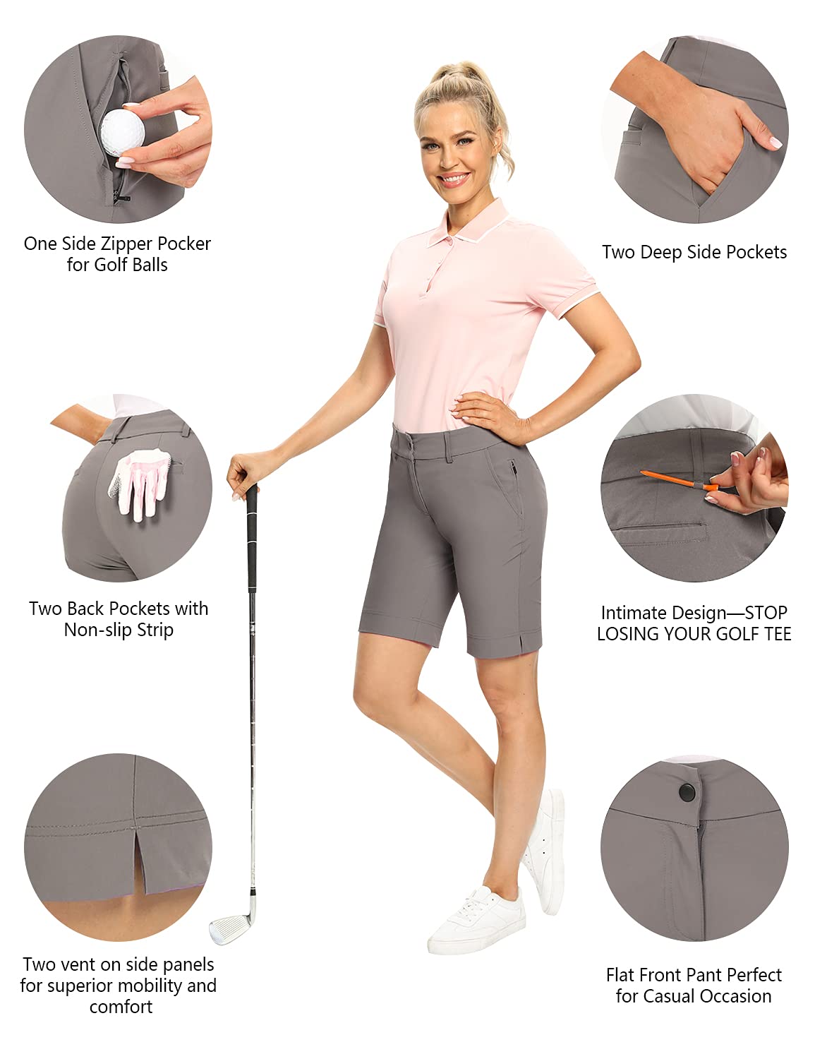 Hiverlay Womens Golf Shorts UPF 50+ Qucik Dry Bermuda Shorts Hiking Cargo Shorts with Zipper Pockets Lightweight Grey XXL