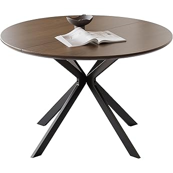LUCKYERMORE 53" Round Dining Table for 4-6, Mid-Century Modern Dining Room Table with Metal Cross Legs, Large Wood Leisure Circle Coffee Table for Kitchen, Office, Living Room, Walnut, Easy-Assembly