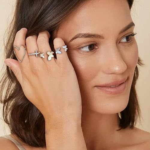 Miniatura 5 de HUASAI Anillos apilables de oro para mujer, no se deslustra, bonitos anillos para adolescentes, cosas de moda, bohemio, luna, estrella, mariposa, D: