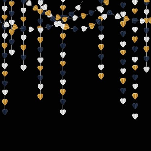Miniatura 6 de Guirnalda de corazón 3D de oro blanco azul marino  Decoración colgante de graduación de 39 pies, pancarta de serpentinas para novia, cumpleaños,