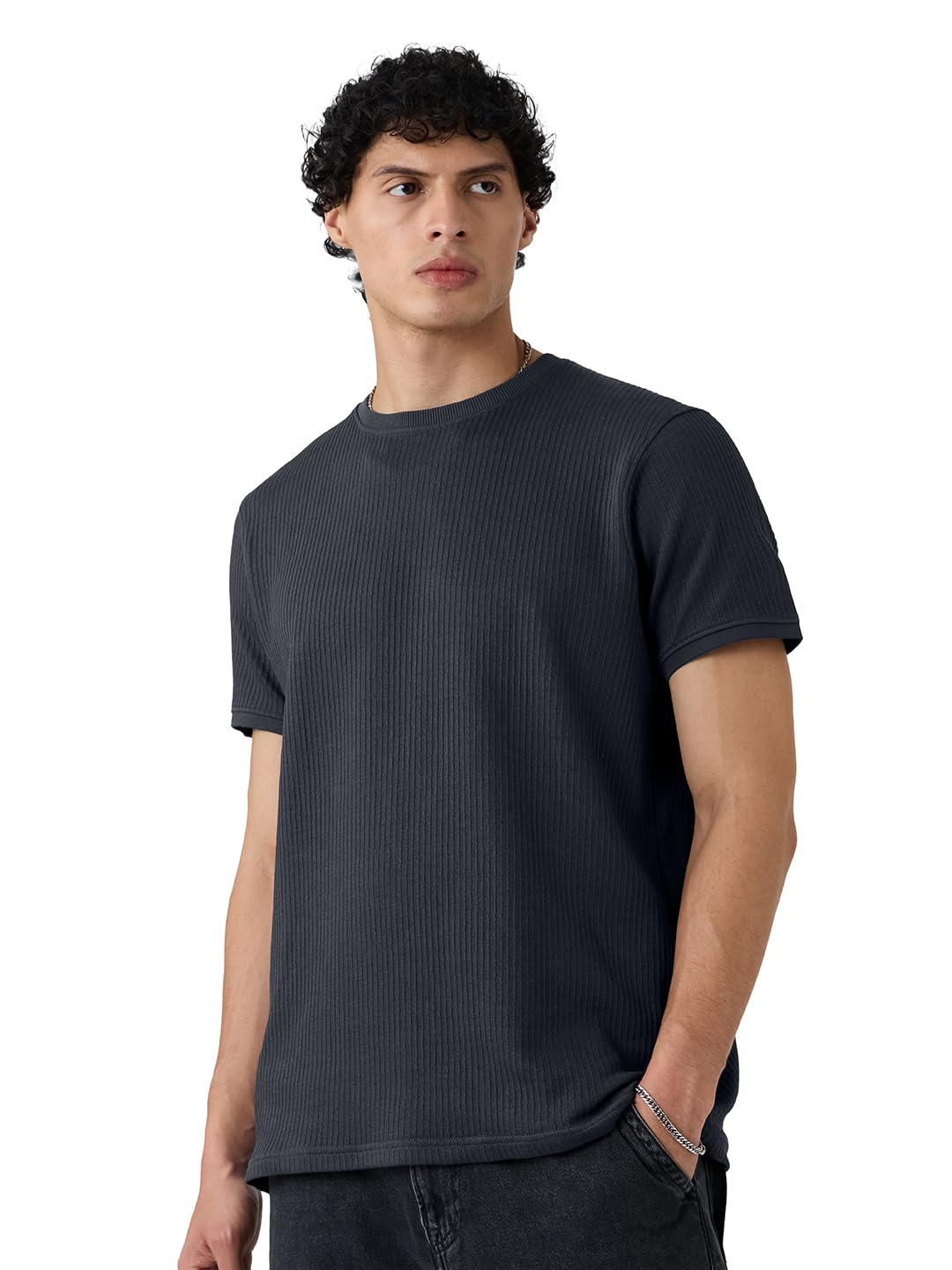 Korean T-Shirt: Charcoal Men and Boys Short Sleeves Round Neck Solid Textured Regular Fit Cotton Blend T-Shirts-image-44