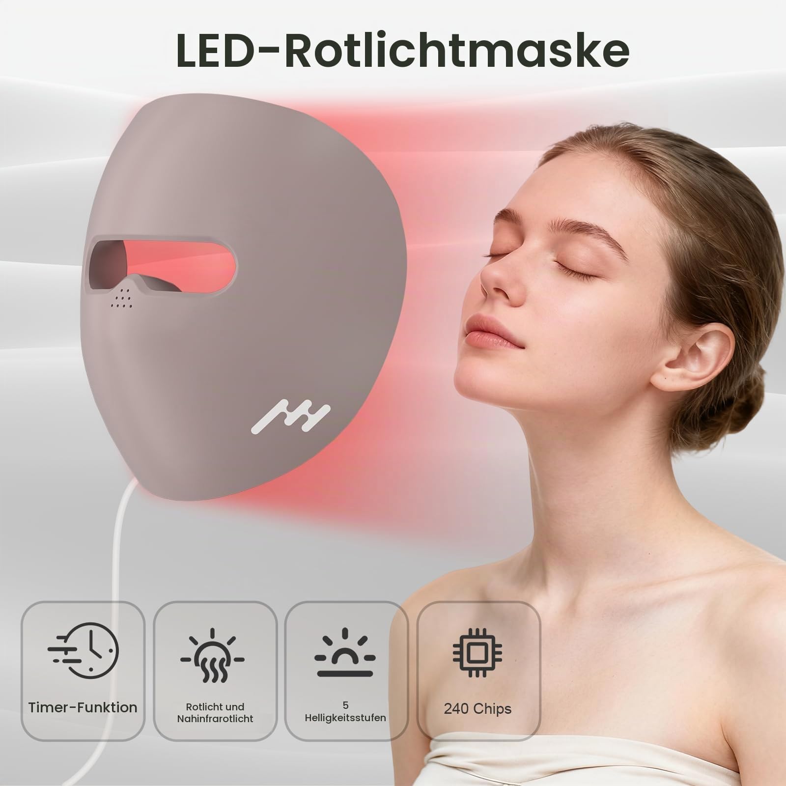 Rotlichtlampe Gesicht, 850 & 660 LED Maske Gesicht mit 10/15/20 Minuten Timer & 5 Helligkeitsstellung, Silizium Rotlicht Maske Gesichts für den Hausgebrauch