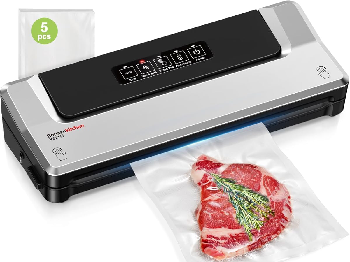 Bonsenkitchen Vacuum Sealer, Globefish Technology for High-Speed Continuous Working, Multi-Functional Vacuum Sealer Machine for Sous Vide Cooking and Food Stay, Includes 5 Vacuum Bags (Silver)