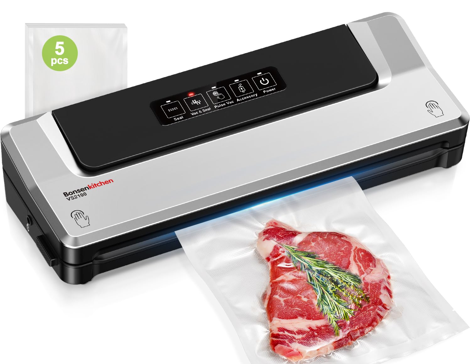 Bonsenkitchen Vacuum Sealer, Globefish Technology for High-Speed Continuous Working, Multi-Functional Vacuum Sealer Machine for Sous Vide Cooking and Food Stay, Includes 5 Vacuum Bags (Silver)