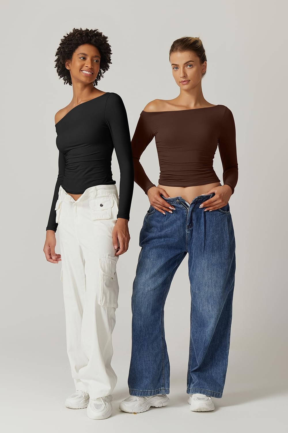 QINSEN Women's Sexy Off Shoulder Shirt Long Sleeve Double Lined Tops Side Ruched Fitted Tees - Image 7