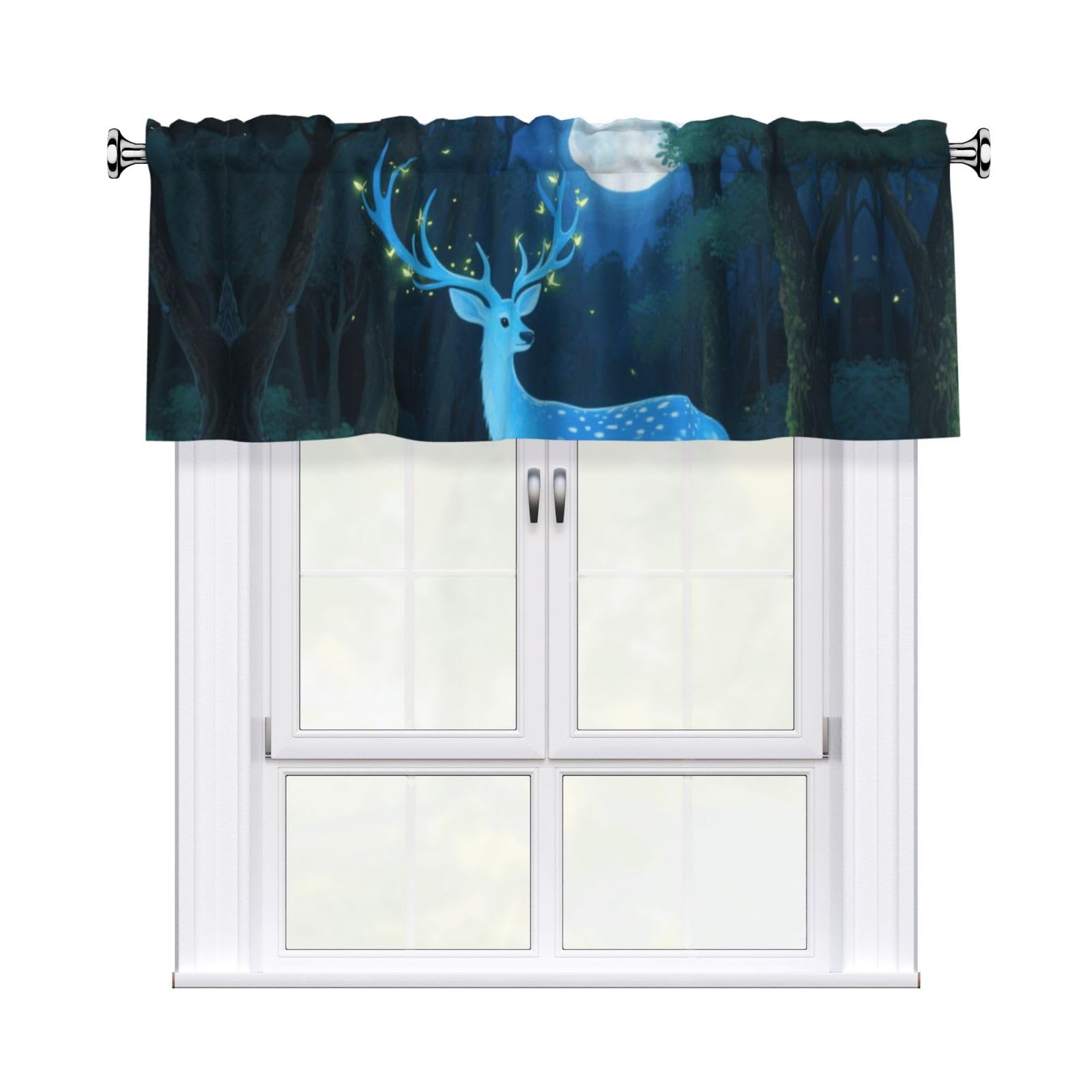 FekiLoot Blue Deer Curtain Valance for Windows, Kitchen Window Valances Rod Pocket Window Treatments Short Curtains Drapes for Bathroom Bedroom Cafe Decor 54x18inch 1 Panel