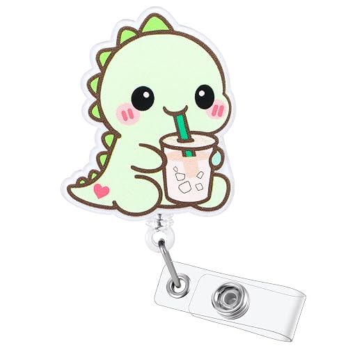 Dino With Iced Coffee Funny Medical Badge Reel | Retractable ID Card Dinosaur Badge Holder | Name Tag Work Badge Clip for RN LPN CNA MA Night Shift Nurse Nursing Student Doctor | Nurse Gifts | Acrylic