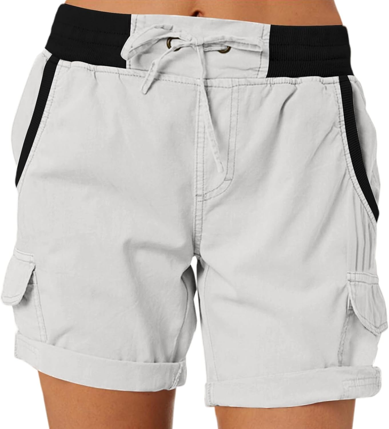 Women Cargo Shorts Summer Drawstring Elastic High Waisted Short Pants Casual Vintage Color Bolck Shorts with Pockets