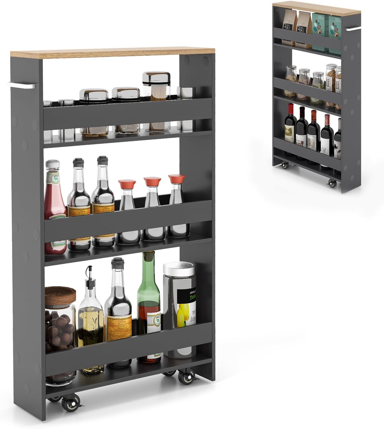 Rolling Storage Cart, 4 Tier Slim Storage Cabinet with 4 Universal Wheels, Convenient Handle, Narrow Laundry Cart for Small Space Bathroom Office