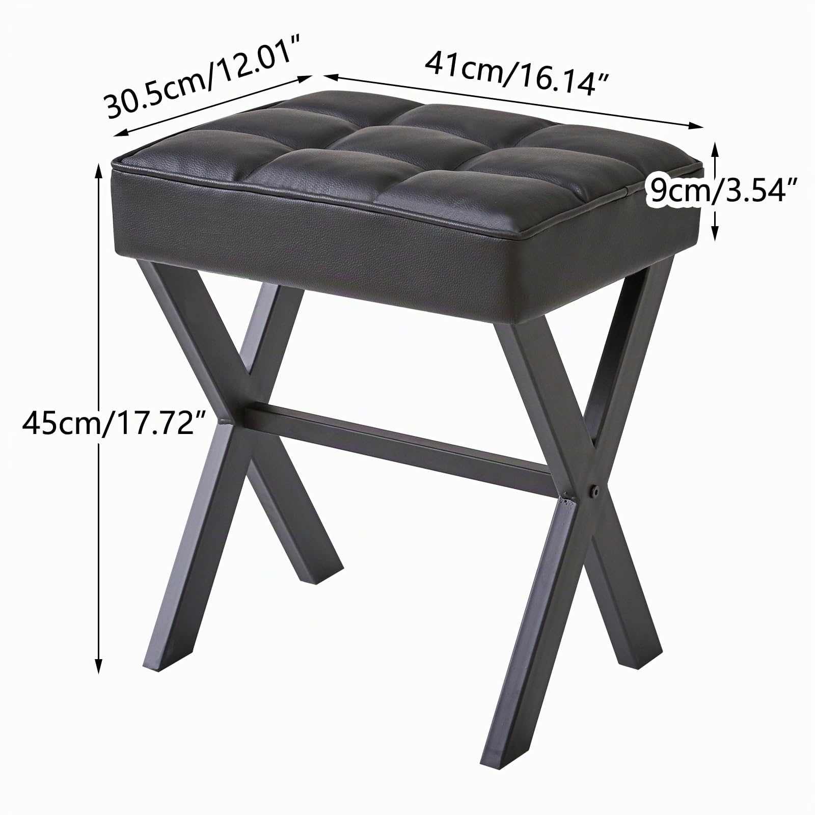 IBUYKE Taburete cuadrado de maquillaje con reposapiés en X, reposapiés de poliuretano, taburete otomano, multiusos como mesa auxiliar pequeña, para dormitorio, sala de estar, color negro L/G-71B