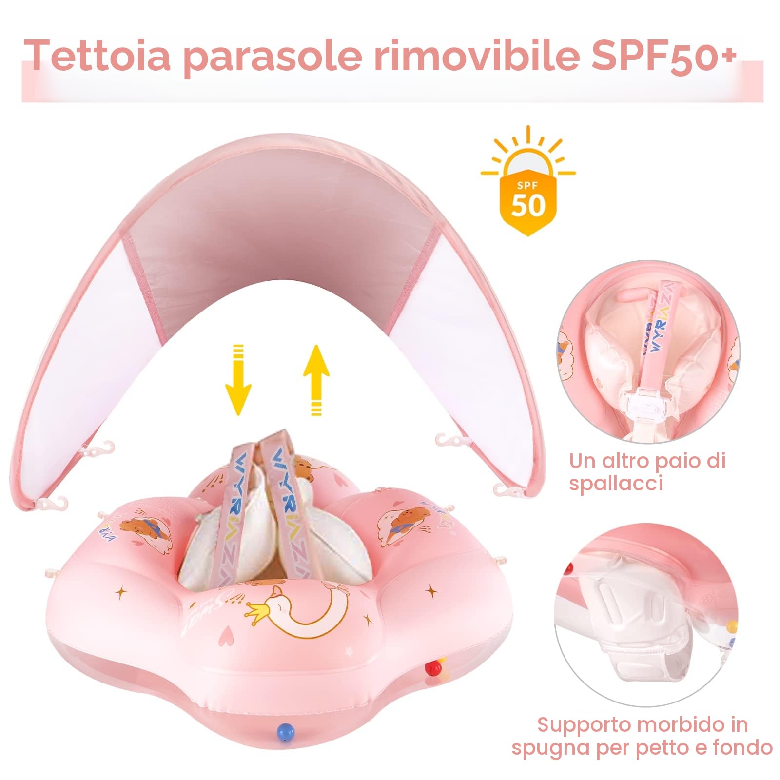 WYRIAZA Salvagente Neonato, Ciambella Neonato Mare | Salvagente Neonato con Parasole SPF 50+ | Salvagente Neonato 5-16Kgs Aggiornato con Sfera di Equilibrio per Evitare Il Ribaltamento