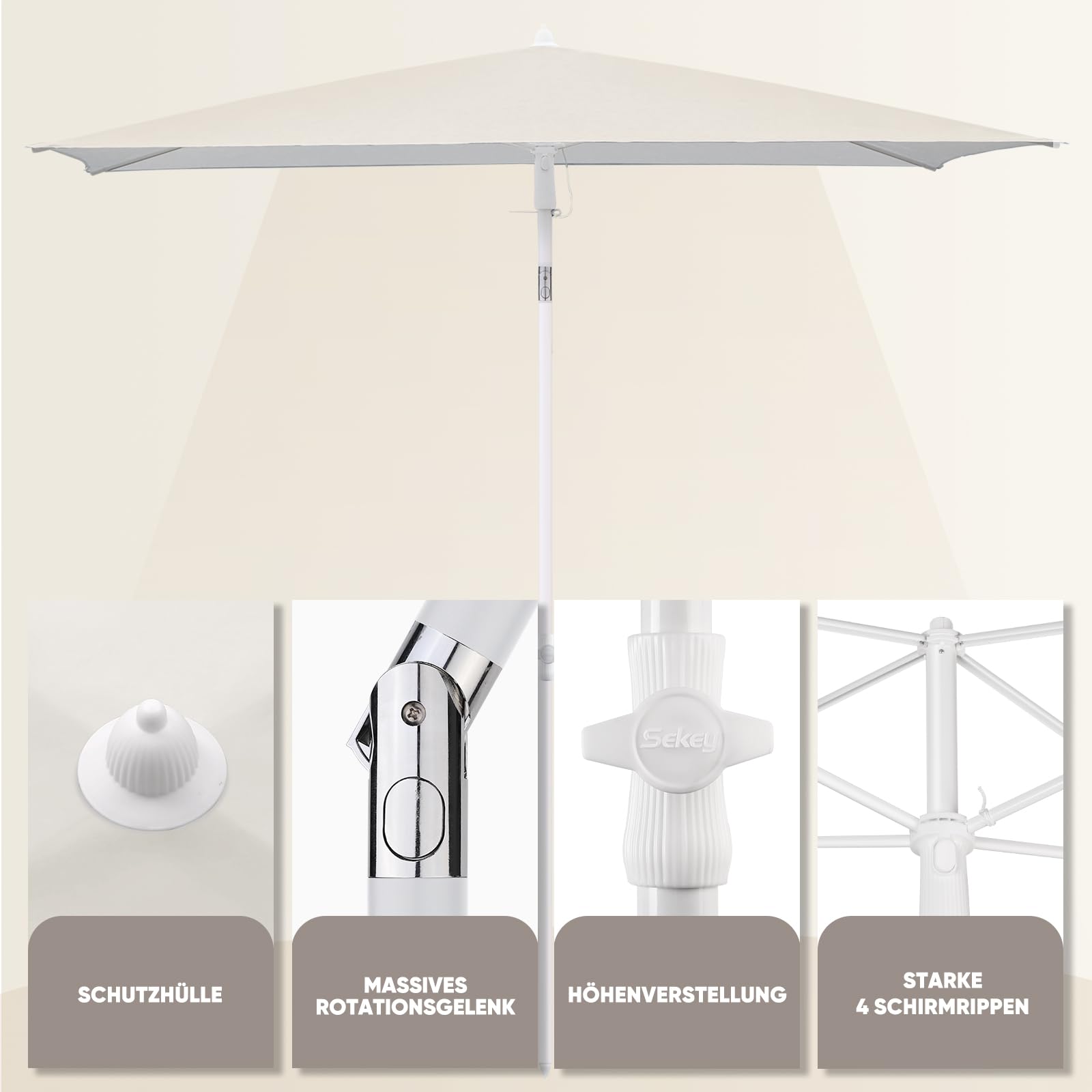 Sekey 180 × 125 cm Sonnenschirm mit Schutzhülle, Balkonschirm Gartenschirm Terrassenschirm, Sonnenschutz UPF50+, Kippbar, Höhenverstellbar, Rechteckig- Graubeige