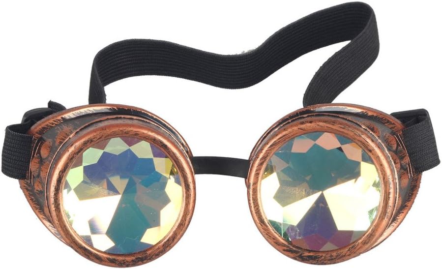 FUT Festivals Chrome Vintage Frame Steamopunk Goggles, Kaleidoscope Rainbow Crystal Lenses