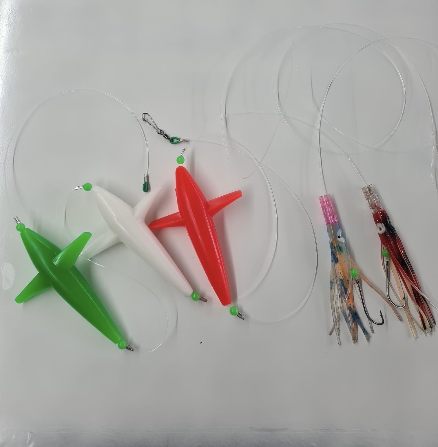 Generico Kit Artigianale Tricolore per Pesca A Traina Tonni, Tonnetti, Lampughe e Palamiti. Artificiale da Mare Triplo Teaser e Doppio Octopus Armato.