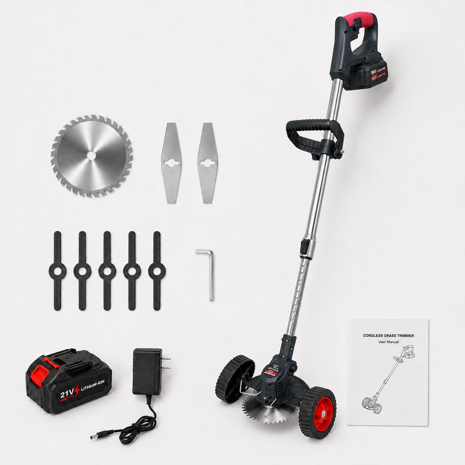 Cortabordes Inalámbrico con Disco de Sierra de 15 cm y 7 Cuchillas Black-5-CellBattery | El disco corta ramas pequeñas, las cuchillas metálicas trabajan maleza densa y las plásticas perfilan el césped