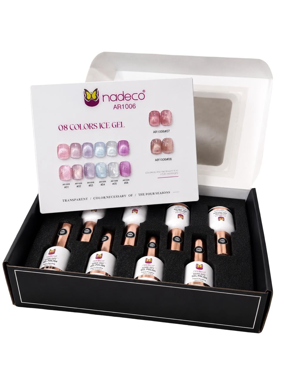Nadeco 8 Colors Ice Gel Nail Polish Set | Soak Off UV LED Gel Polish Kit | Transparent Glitter Ice Effect Nail Art Gel | Long Lasting High Shine Salon Professional Gel Polish Collection (AR1006)-image-12