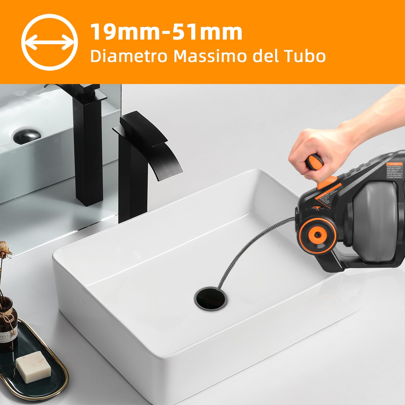 18V Spirale Pulizia Tubi Elettrica, 7,6m Albero in Acciaio a Molla per 19-51mm Tubo, Pulitore Tubi Scarico per WC, Bagno, Cucina, Fogna (Comprese le Batterie)