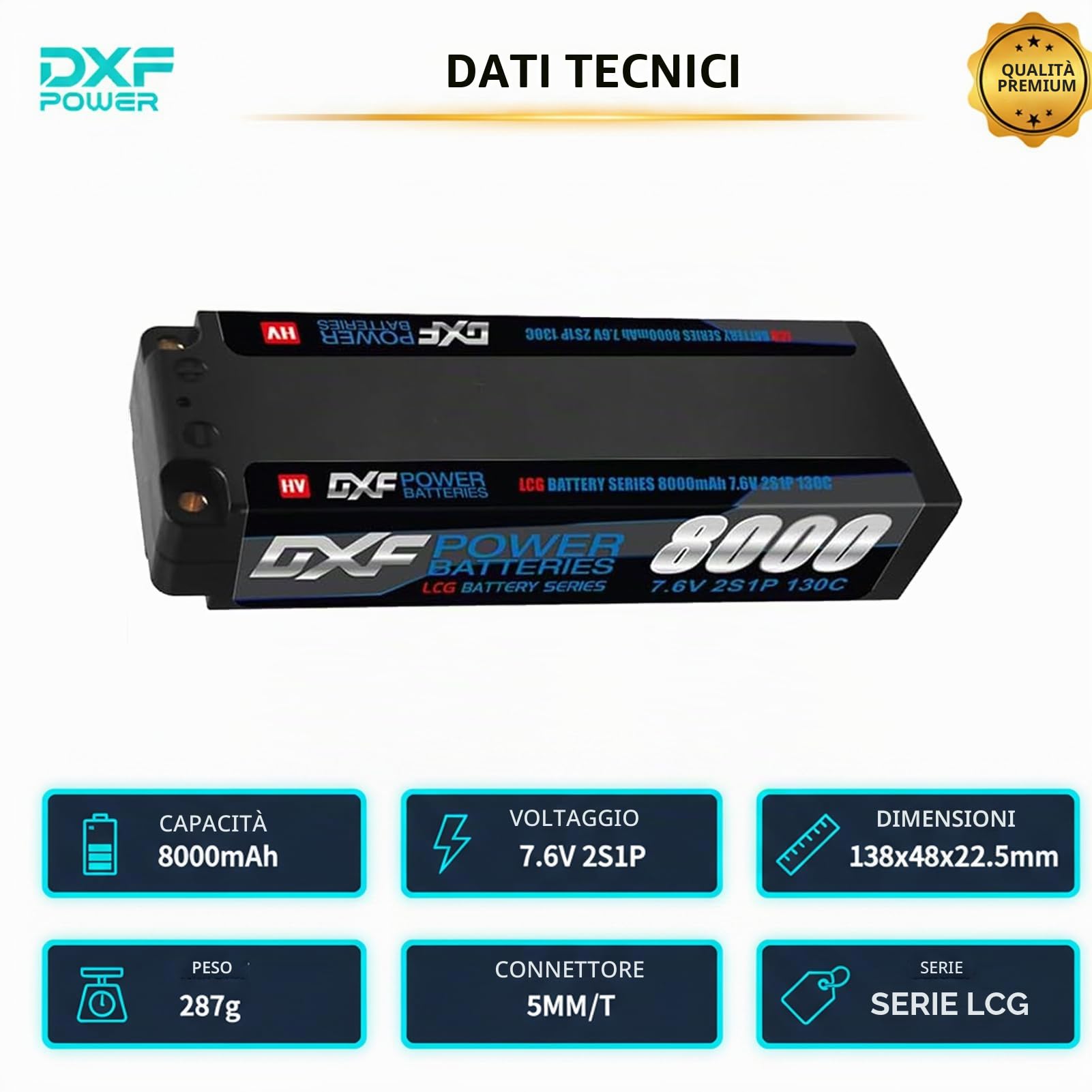 DXF Batteria LiPo 2S 7.6V 8000mAh 130C HV Spina Deans T Bullet 5mm Auto RC 1/8 1/10 Truck Buggy Alte Prestazioni Compatta Leggera Potente Gare Racing Modellismo 2 Pezzi