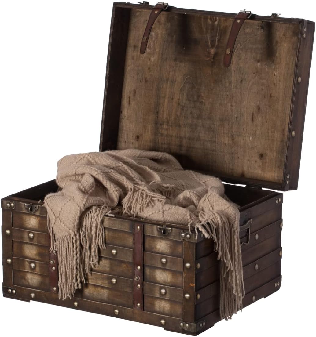 Vintiquewise Wooden Brown Storage Trunk with Faux Leather Straps and Handles (Small) (QI004334.S) : Home & Kitchen